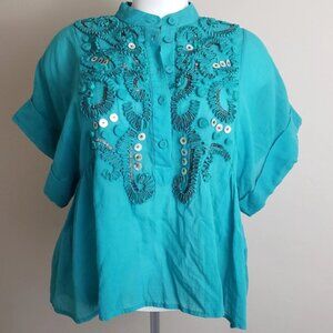 3.1 Phillip Lim Embroidered Embellished Baby Doll Teal Womens Boho Blouse Sz 4